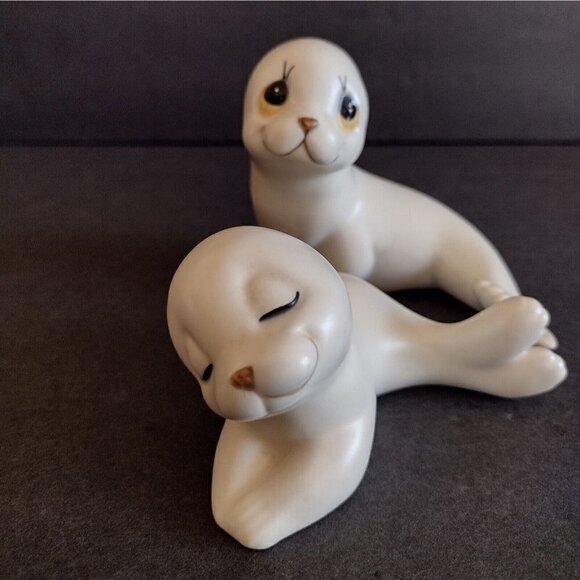 Vintage Oxford Mexico Pair Of Ceramic Mother & Pup White Seal Figurines Big Eyes - Picture 7 of 8